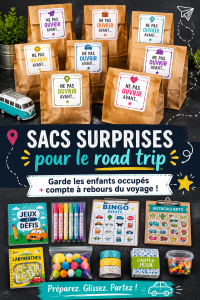Sacs surprises colorés préparés pour un road trip avec des jouets et activités pour enfants.