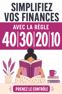 Une femme examinant ses finances avec un graphique illustrant la règle des 40-30-20-10.