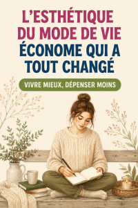 Une femme souriante dans une cuisine simple et épurée, illustrant un mode de vie frugal.