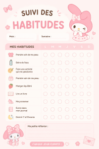 Illustration de My Melody avec un habit tracker mignon pour suivre ses habitudes.