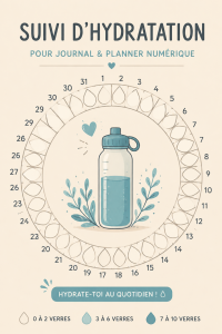 Femme utilisant un bullet journal pour suivre sa consommation d'eau.