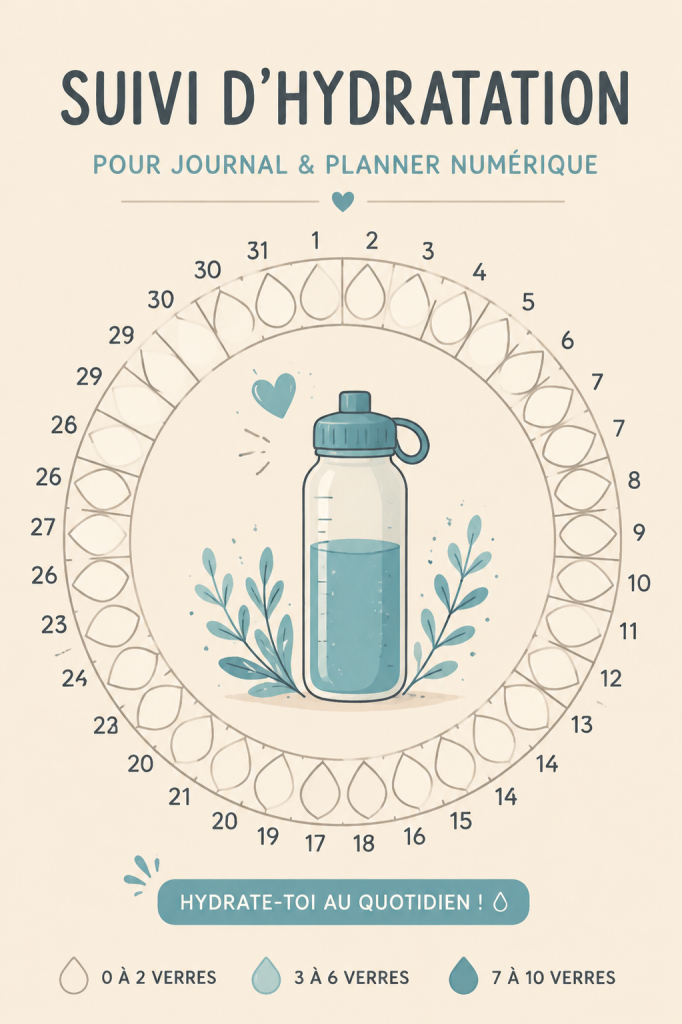 Femme utilisant un bullet journal pour suivre sa consommation d'eau.