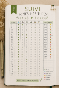 Image d'un habit tracker coloré et organisé avec des habitudes à suivre.