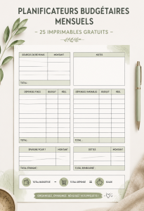 Femme utilisant un planificateur de budget mensuel avec des imprimables gratuits sur une table.