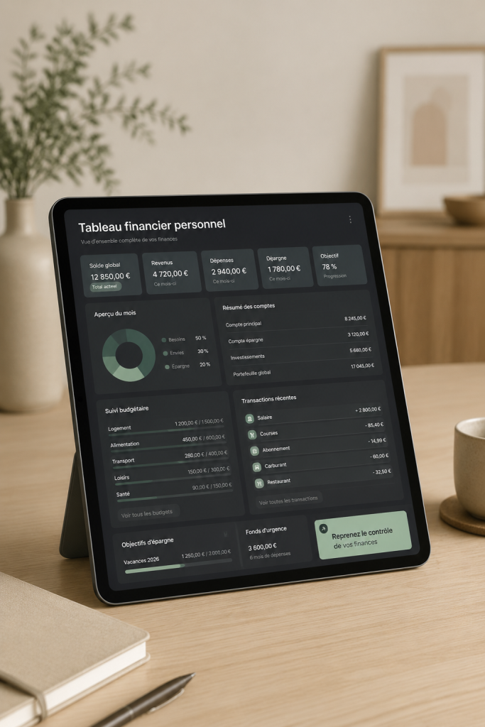 Visuel d'un template Notion avec un budget organisé, parfait pour 2026