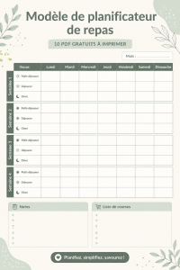 Template de planification des repas à imprimer avec des sections pour chaque jour de la semaine.