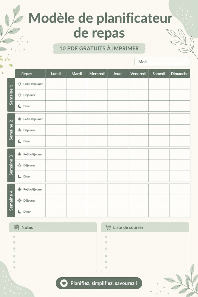 Template de planification des repas à imprimer avec des sections pour chaque jour de la semaine.