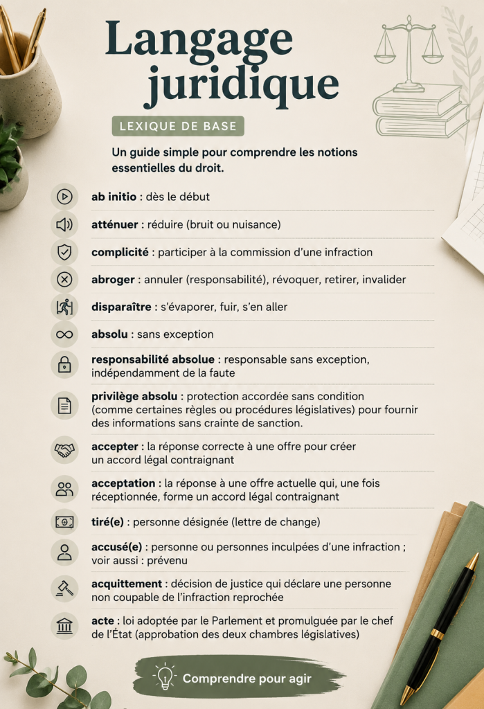 Un livre ouvert avec des termes juridiques écrits, représentant un guide de vocabulaire.
