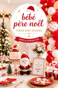 Un décor de baby shower joyeux avec des éléments sur le thème de Santa, incluant des couleurs festives et des accessoires de Noël.