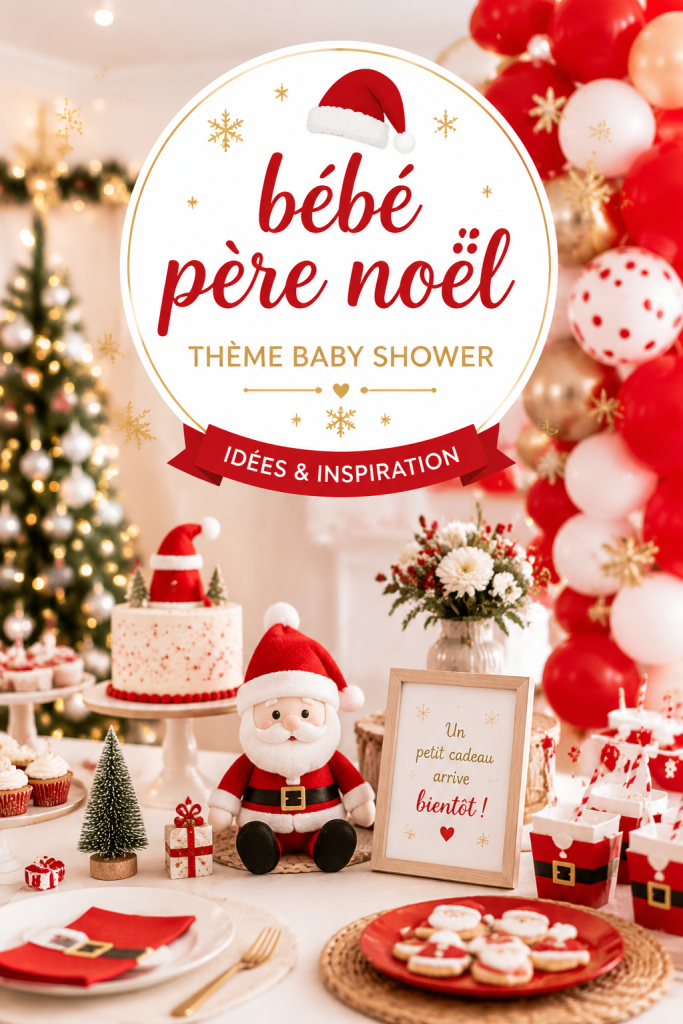 Un décor de baby shower joyeux avec des éléments sur le thème de Santa, incluant des couleurs festives et des accessoires de Noël.