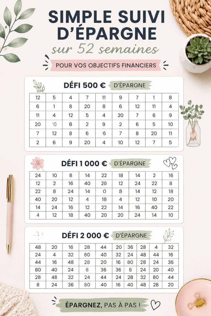 Un tableau d'épargne sur 52 semaines illustrant des objectifs financiers.
