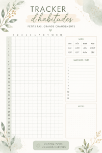 Modèle de tracker d'habitudes imprimable sur une table avec des fournitures de bureau.