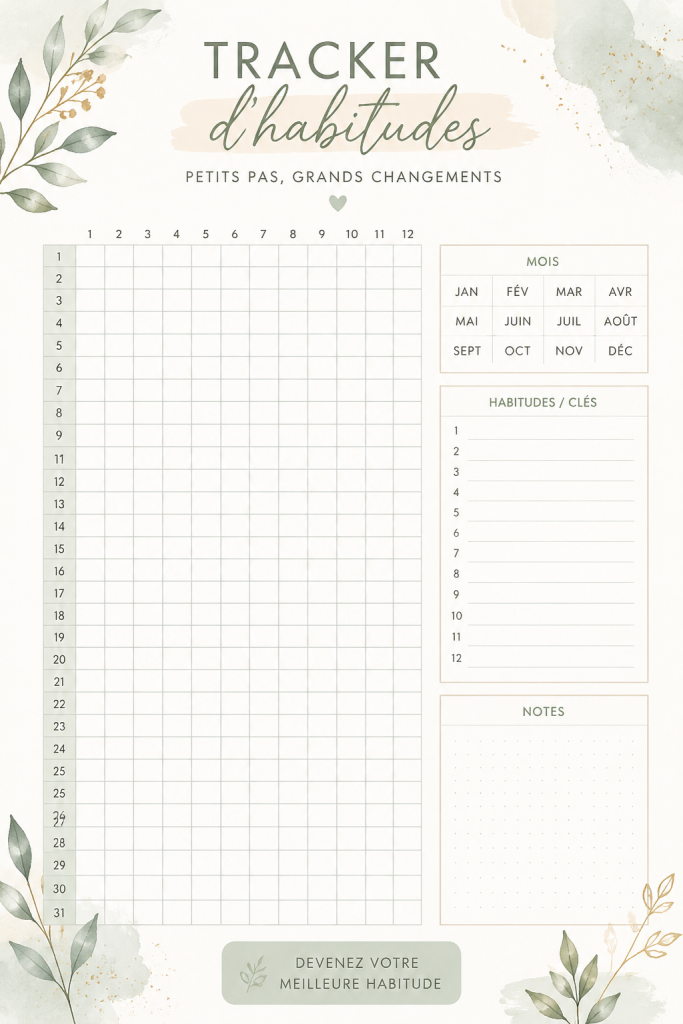 Modèle de tracker d'habitudes imprimable sur une table avec des fournitures de bureau.