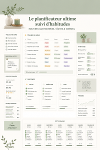 Un aperçu d'un tracker d'habitudes sur Notion, organisé et coloré, illustrant des routines quotidiennes et des tâches à accomplir.