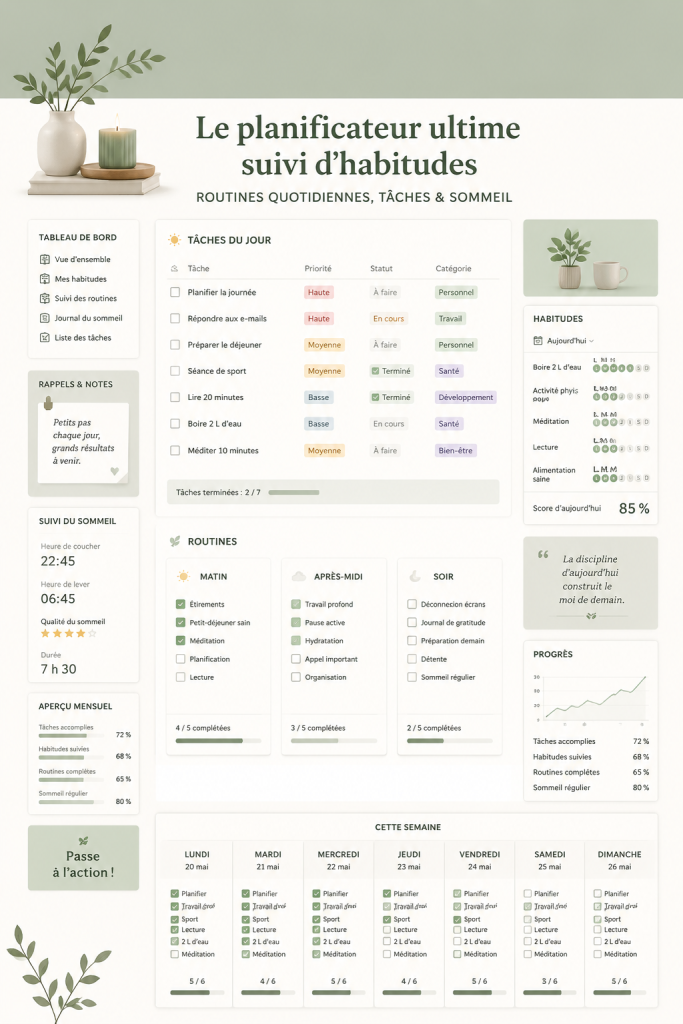 Un aperçu d'un tracker d'habitudes sur Notion, organisé et coloré, illustrant des routines quotidiennes et des tâches à accomplir.