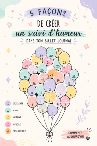 Un bullet journal ouvert avec un tracker d'humeur coloré, entouré de matériel d'écriture.