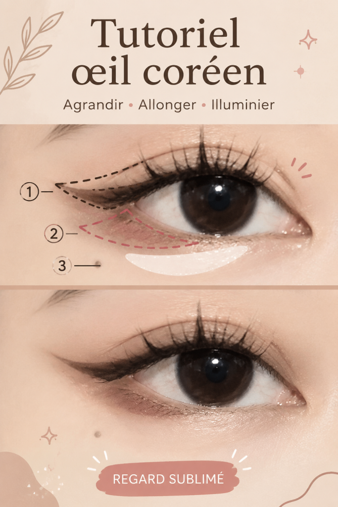 Un tutoriel de maquillage des yeux coréen montrant les produits utilisés et le résultat final.