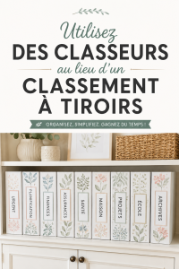 Un bureau bien organisé avec des classeurs colorés.