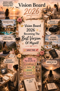 Une femme souriante créant son vision board 2026 avec collages et inspirations.