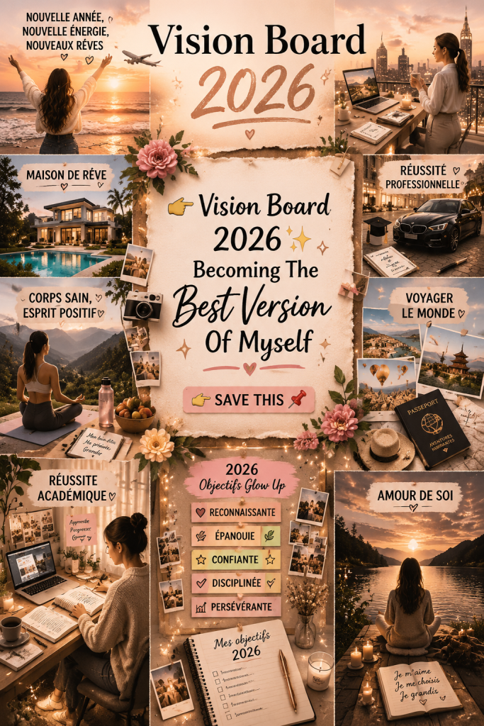 Une femme souriante créant son vision board 2026 avec collages et inspirations.