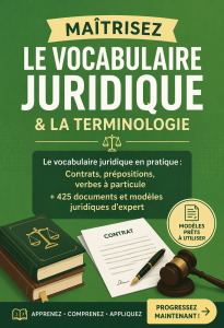 Un livre ouvert sur le vocabulaire juridique avec des notes et des stylos autour.