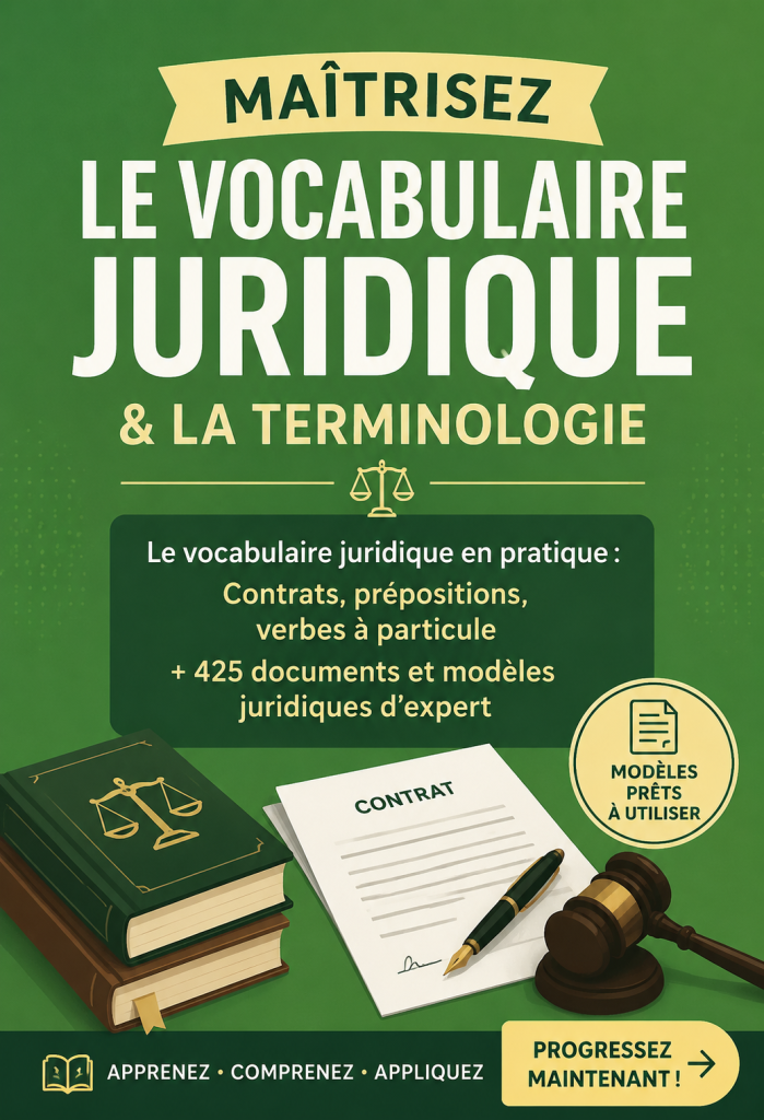 Un livre ouvert sur le vocabulaire juridique avec des notes et des stylos autour.