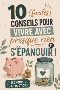 Femme entourée de fournitures pour la maison, réfléchissant à des astuces d'économie.