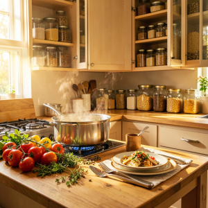 Assiette colorée de repas économique maison avec pâtes et légumes, idée menu semaine petit budget