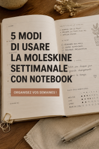 Un carnet Moleskine hebdomadaire sur un bureau avec des stylos et des notes