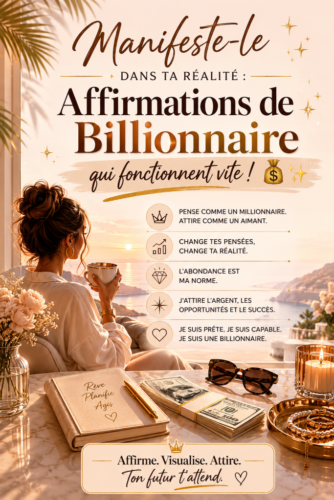 Une femme méditant avec des affirmations de richesse écrites à la main.