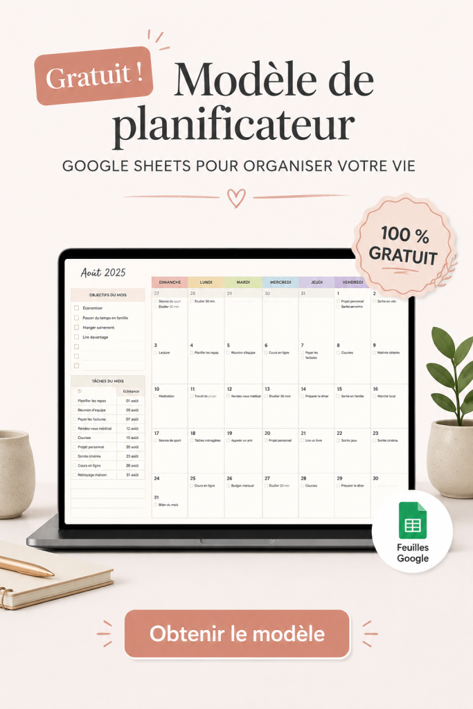 Capture d'écran d'un agenda Google Sheets personnalisable pour l'organisation personnelle.