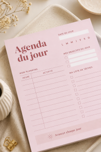 Femme souriante planifiant sa journée avec un agenda moderne sur une table en bois