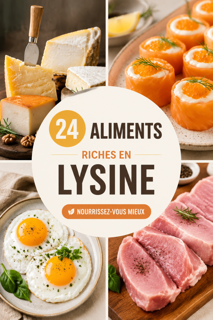 Plateau coloré d'aliments riches en lysine, incluant lentilles, noix, et produits laitiers.