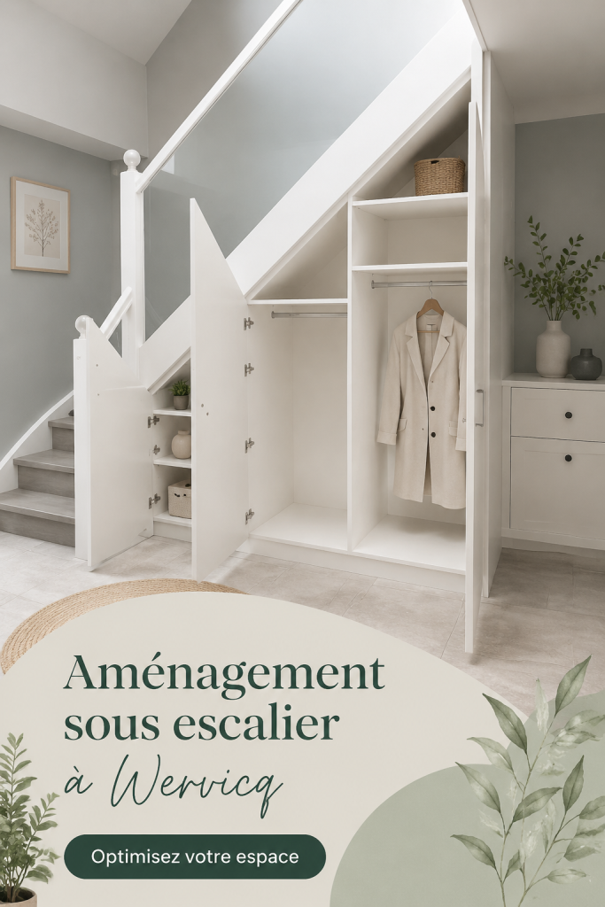 Aperçu d'un espace sous escalier aménagé avec des étagères et un coin lecture