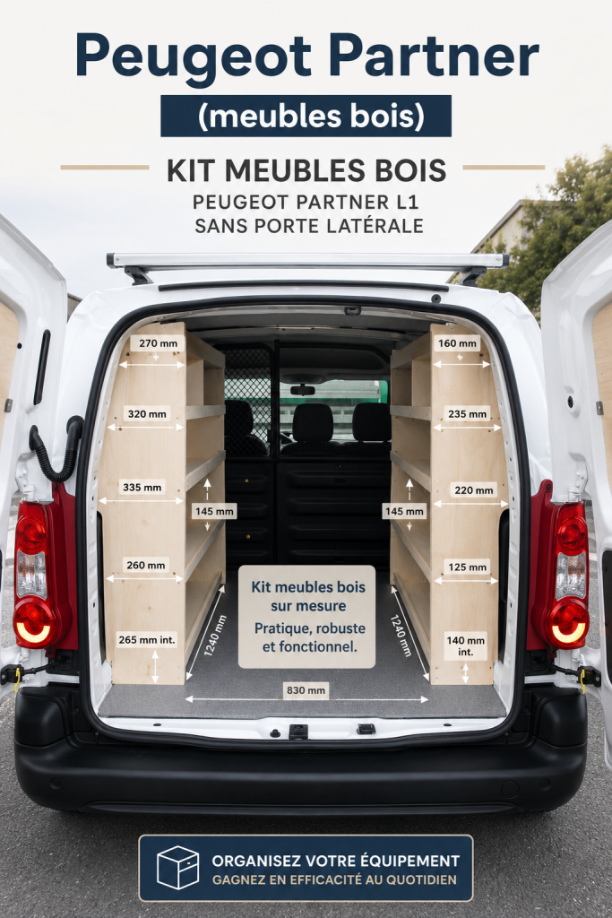 Un Peugeot Partner aménagé avec un kit de meubles en bois, offrant un espace organisé et pratique.