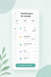 Femme utilisant une application de planification de voyage sur son téléphone.