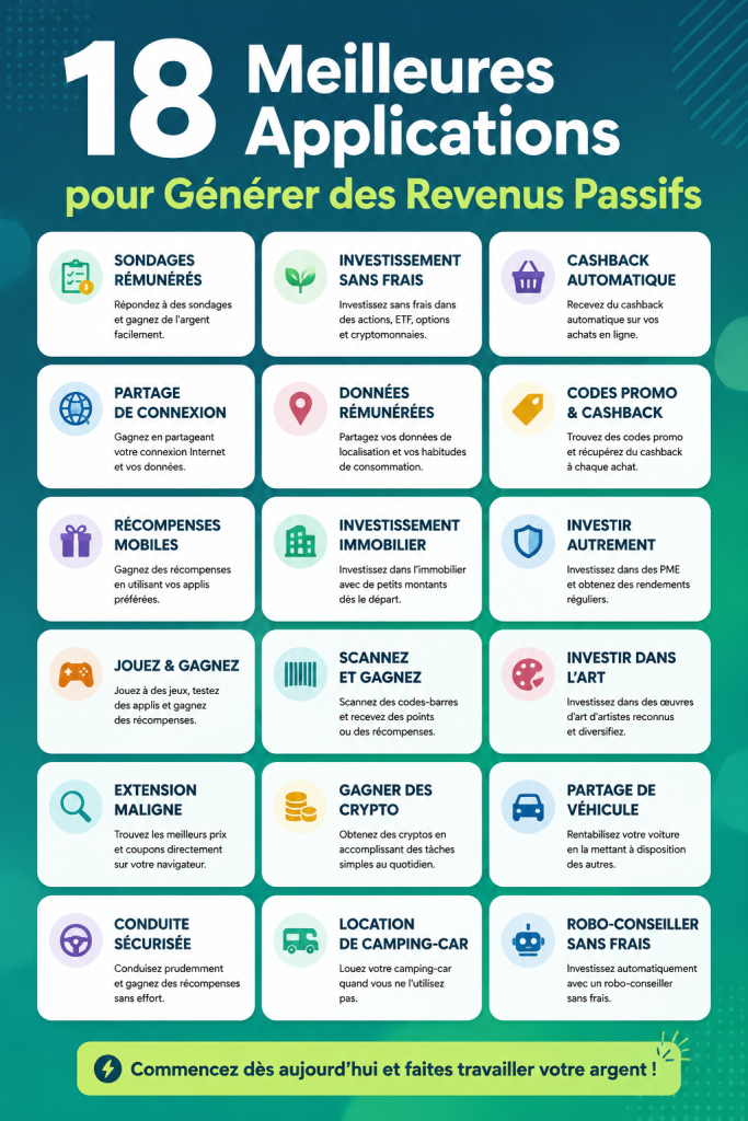Image mettant en avant différentes applications de revenus passifs sur un smartphone.