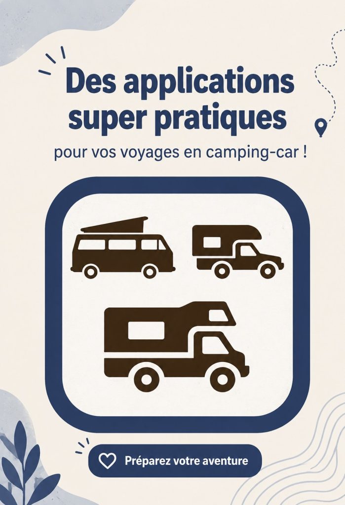 Un couple souriant devant leur camping-car avec des appareils mobiles, illustrant l'utilisation d'applications de voyage.