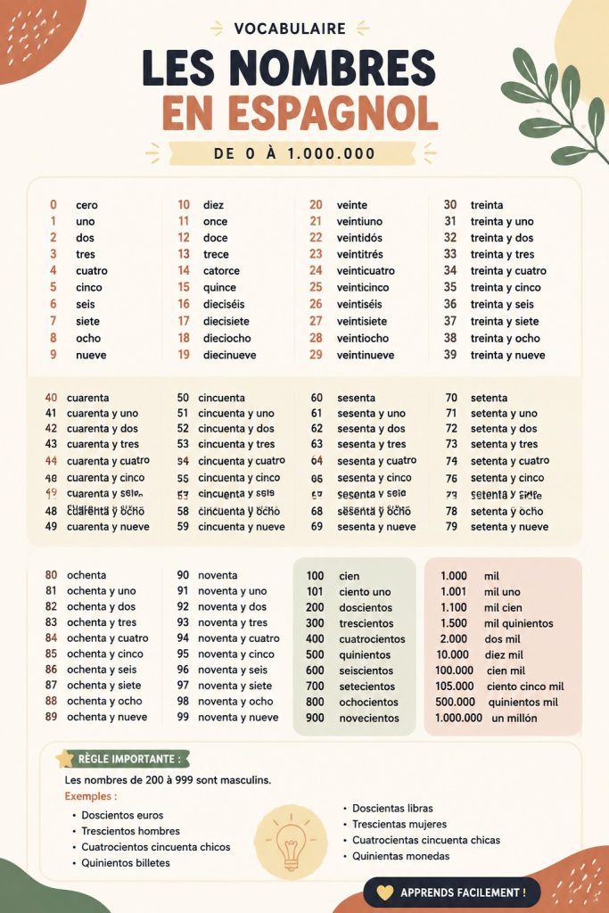 Une illustration d'un tableau avec des nombres en espagnol, idéal pour l'apprentissage des chiffres.