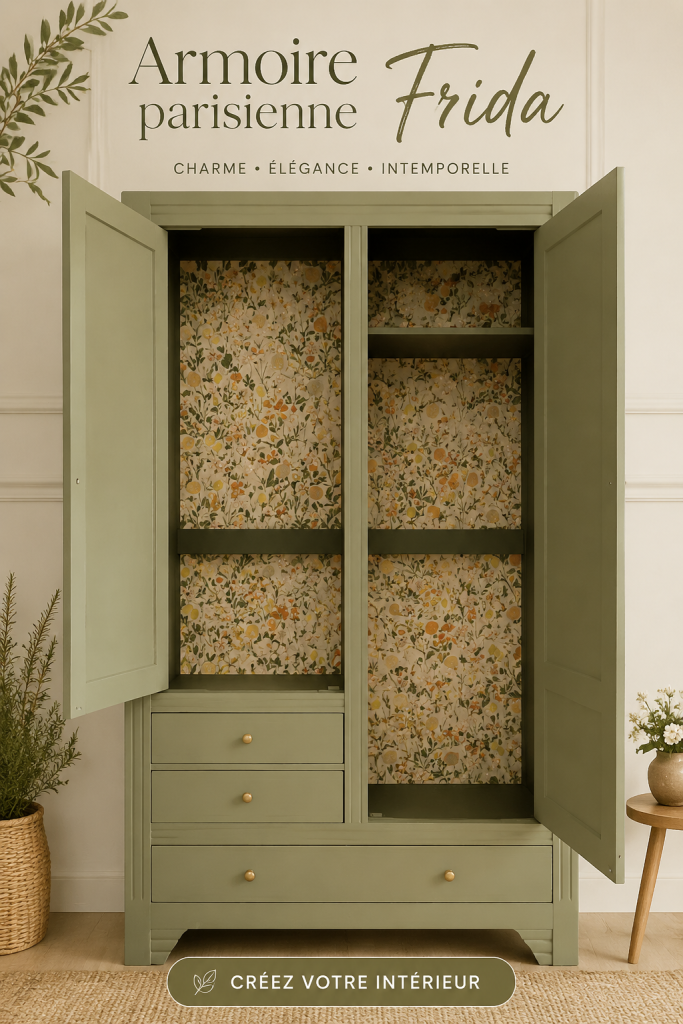 Armoire parisienne Frida avec un design élégant et pratique dans une chambre moderne.
