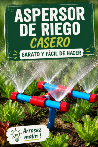 Système d'arrosage fait maison en action dans un jardin lumineux.