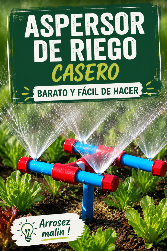 Système d'arrosage fait maison en action dans un jardin lumineux.