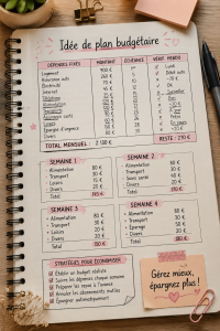 Femme souriante planifiant son budget avec un carnet et un ordinateur.
