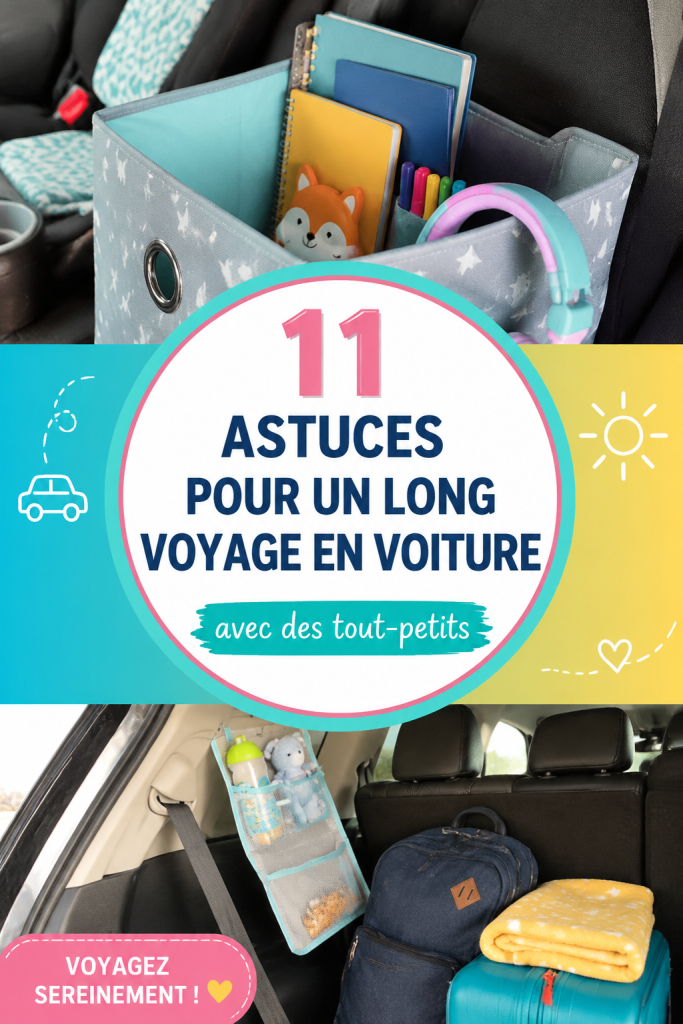 Une famille heureuse en voiture lors d'un road trip, préparée pour un long voyage avec des enfants.