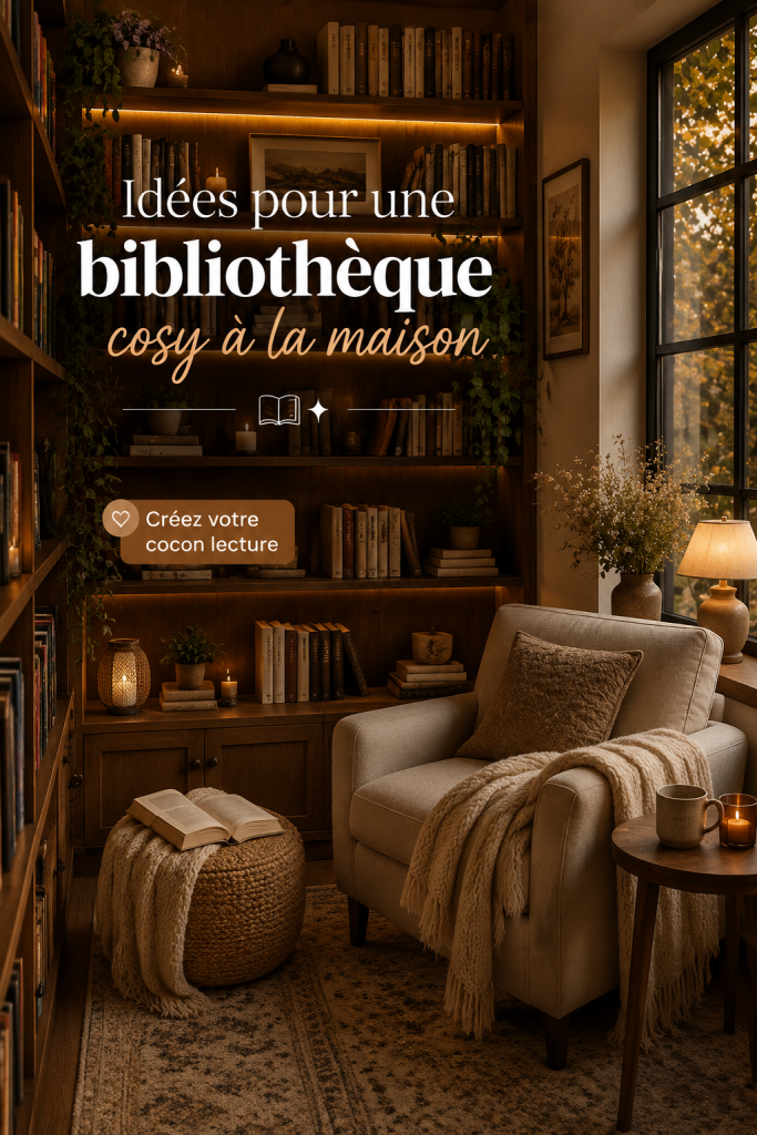 Une bibliothèque cozy avec des étagères en bois et un fauteuil confortable