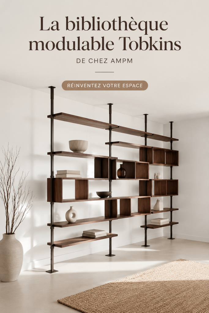 Bibliothèque modulable Tobkins avec un design moderne et épuré dans un salon chaleureux.