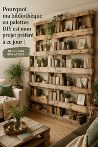Bibliothèque en palettes réalisée en DIY dans un salon chaleureux.
