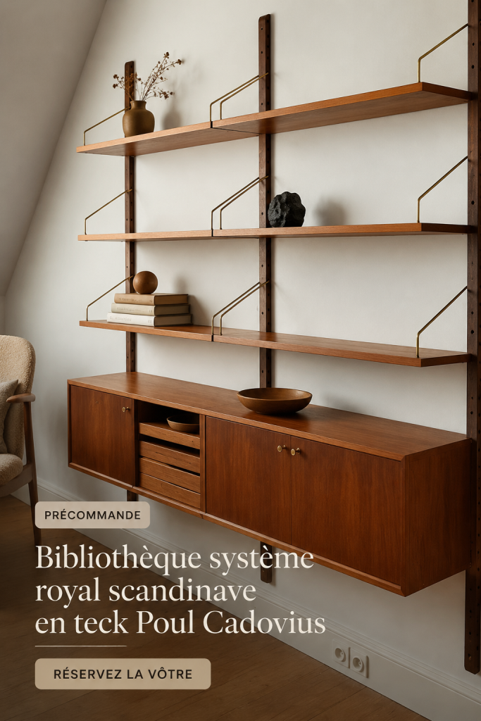 Bibliothèque scandinave en teck Poul Cadovius sur fond clair, illustrant un design moderne et chaleureux.