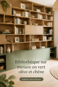 Bibliothèque sur mesure en vert olive et chêne, décorée avec des livres et des objets de décoration.