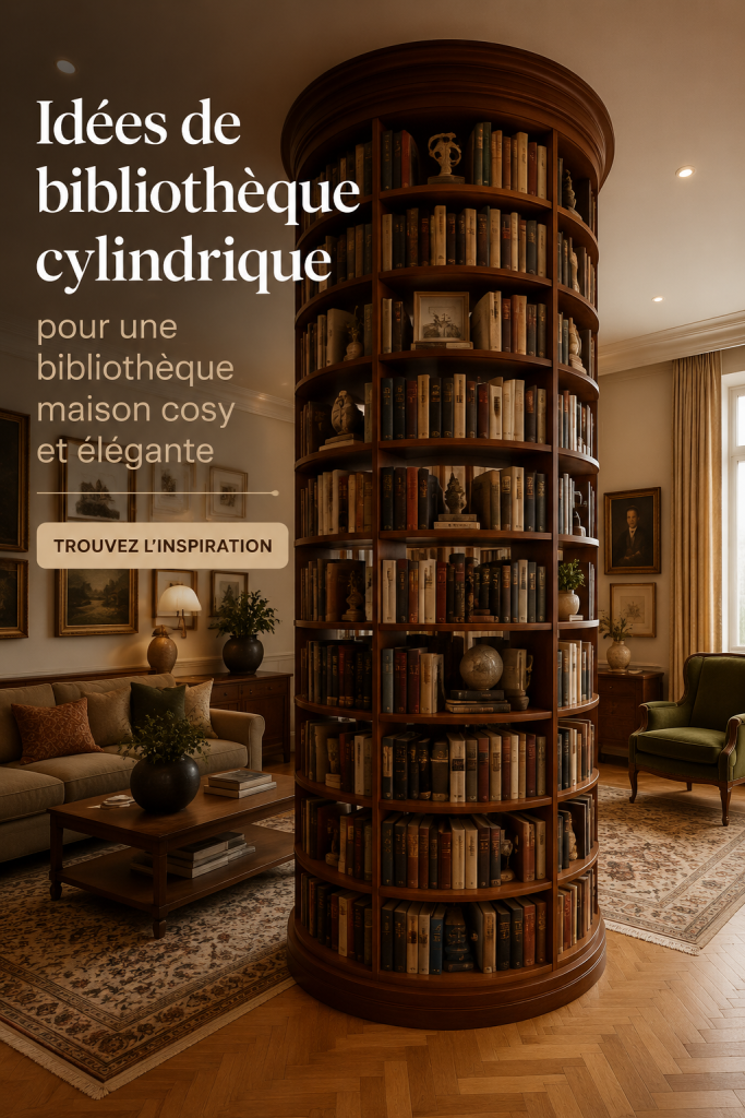 Une élégante bibliothèque cylindrique en bois remplie de livres dans un salon cosy